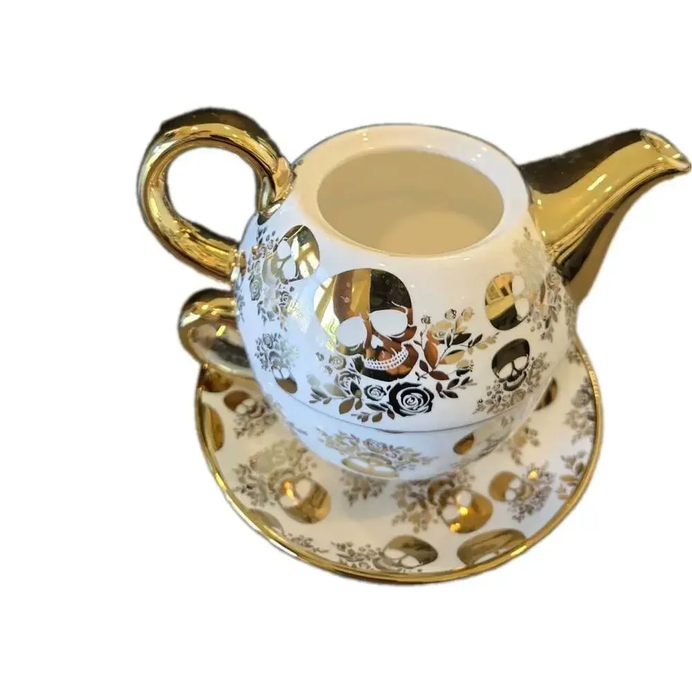 New Gold / White Skull Halloween Party Ceramic Tea Pot Teapot & Cup W/ Saucer